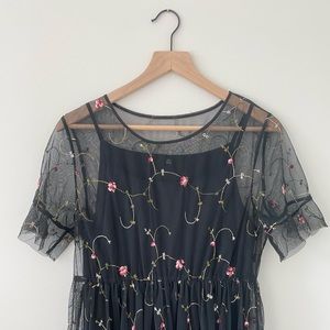 Vintage Black Floral Dress with Slip